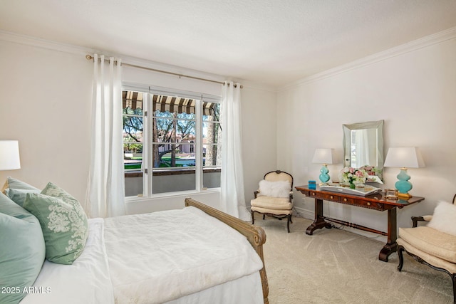 bedroom featuring crown molding and carpet floors