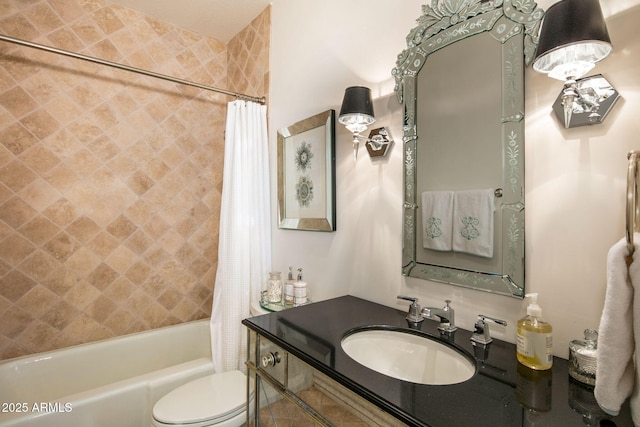 full bathroom featuring vanity, shower / tub combo, and toilet