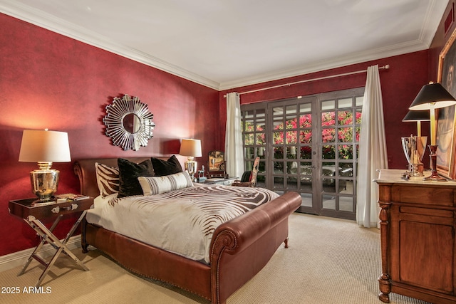 bedroom with crown molding, access to outside, and light colored carpet