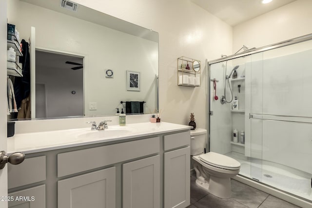 bathroom featuring tile patterned floors, vanity, toilet, and a shower with door