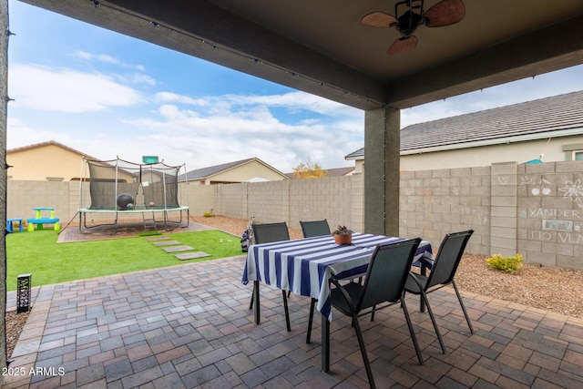 view of patio / terrace featuring a trampoline and ceiling fan