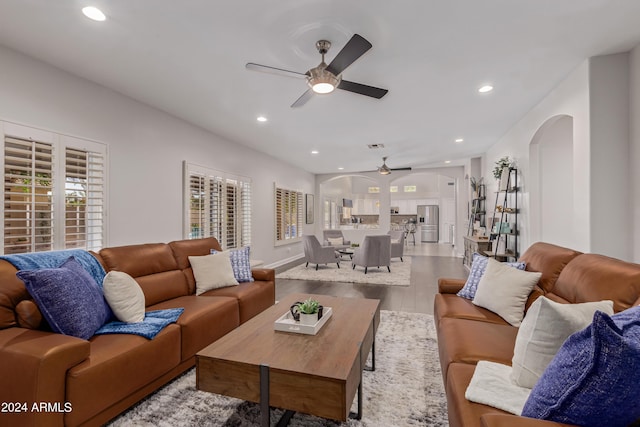 living room featuring ceiling fan and wood-type flooring