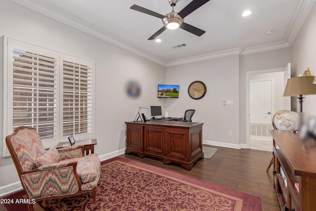 office featuring ornamental molding, dark hardwood / wood-style floors, and ceiling fan