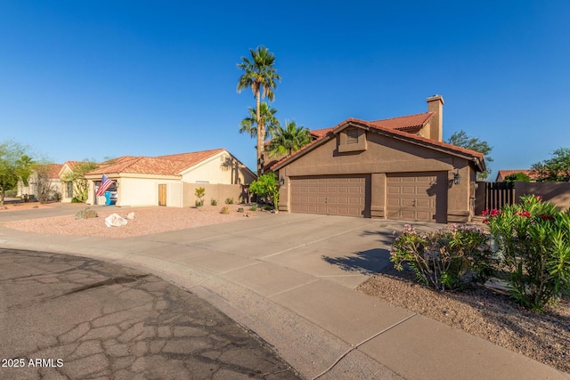 3805 E Desert Flower Ln, Phoenix, AZ 85044 - ranch-style home with a chimney, driveway, stucco siding, fence, and an attached garage
