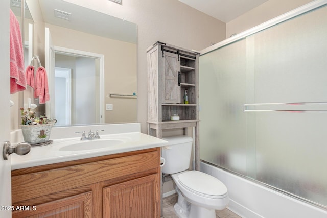 full bathroom with shower / bath combination with glass door, toilet, and vanity