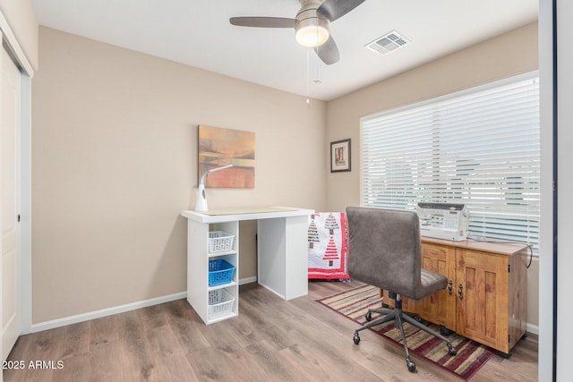 office featuring ceiling fan and wood-type flooring