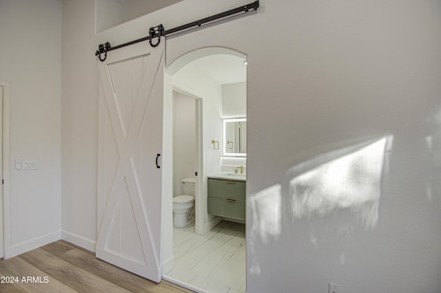 bathroom with vanity, wood-type flooring, and toilet