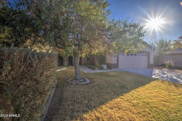 view of property hidden behind natural elements with a garage and a front lawn