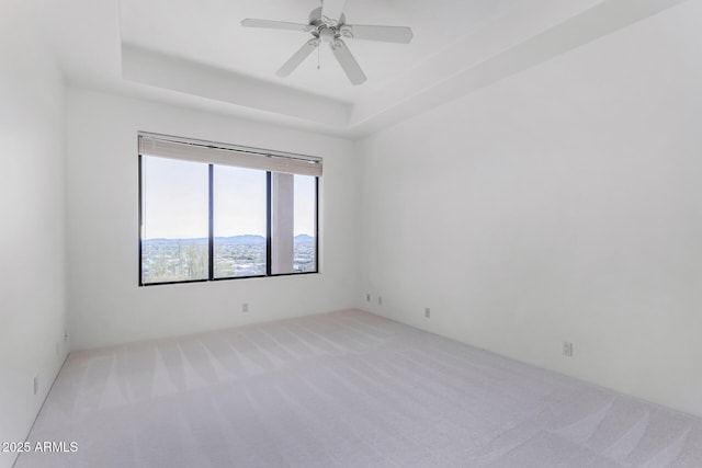 spare room with a ceiling fan, carpet, and a raised ceiling