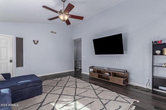 living room with ceiling fan, high vaulted ceiling, and dark hardwood / wood-style floors