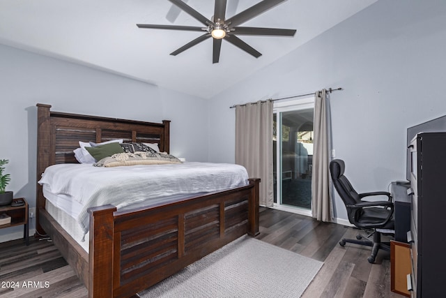 bedroom with lofted ceiling, ceiling fan, and dark hardwood / wood-style floors