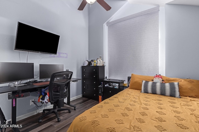 bedroom with ceiling fan and dark hardwood / wood-style flooring