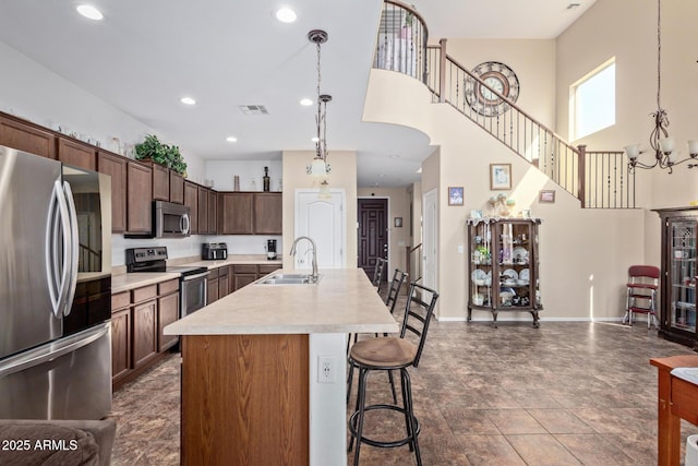 kitchen featuring visible vents, an island with sink, appliances with stainless steel finishes, light countertops, and a sink