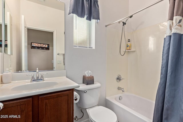 bathroom with vanity, toilet, and shower / bathtub combination with curtain