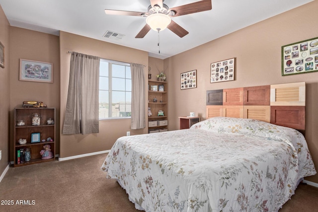 carpeted bedroom featuring baseboards, visible vents, and a ceiling fan