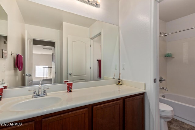 full bath featuring visible vents,  shower combination, vanity, and toilet