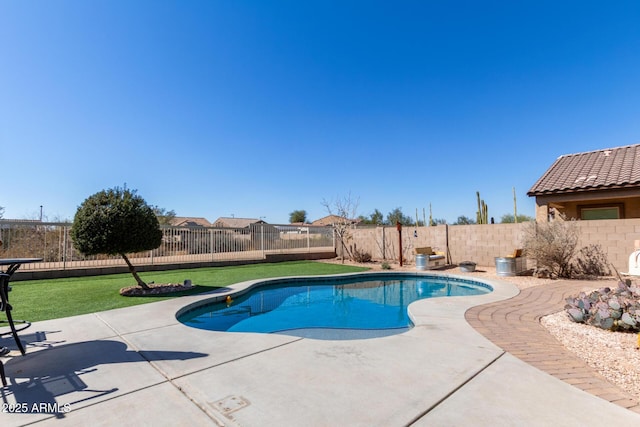 view of swimming pool featuring a fenced in pool, a fenced backyard, a patio, and a lawn