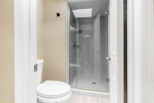 bathroom with a shower stall and toilet