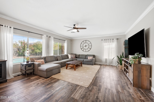 824 E Chelsea Dr, San Tan Valley, AZ 85140 - living room featuring baseboards, wood finished floors, ceiling fan, and ornamental molding