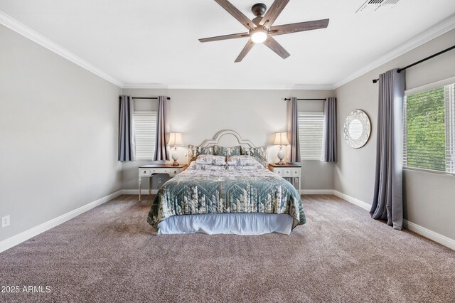 824 E Chelsea Dr, San Tan Valley, AZ 85140 - bedroom with baseboards, visible vents, ornamental molding, and carpet flooring