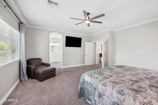 824 E Chelsea Dr, San Tan Valley, AZ 85140 - carpeted bedroom with baseboards, visible vents, crown molding, and ensuite bathroom
