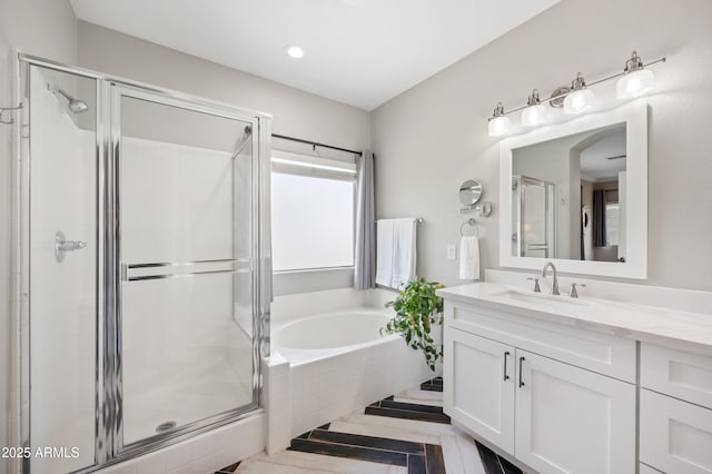 824 E Chelsea Dr, San Tan Valley, AZ 85140 - full bath with a bath, a stall shower, recessed lighting, and vanity