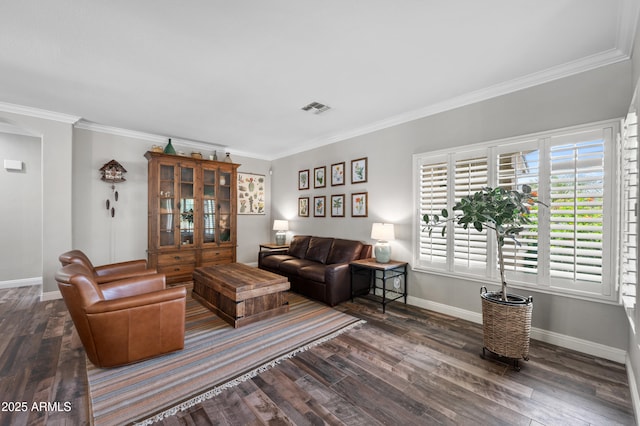 824 E Chelsea Dr, San Tan Valley, AZ 85140 - living area featuring dark wood finished floors, baseboards, visible vents, and ornamental molding