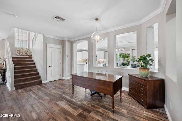 824 E Chelsea Dr, San Tan Valley, AZ 85140 - office space featuring visible vents, baseboards, ornamental molding, wood finished floors, and arched walkways