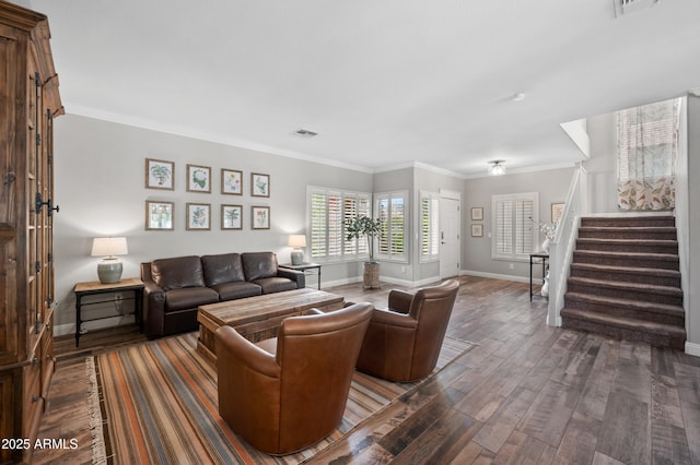 824 E Chelsea Dr, San Tan Valley, AZ 85140 - living room with crown molding, stairs, dark wood-style flooring, baseboards, and visible vents