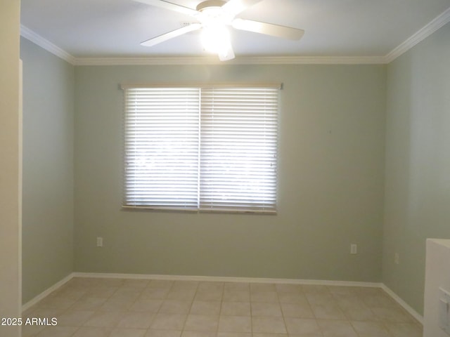 unfurnished room with ornamental molding and ceiling fan