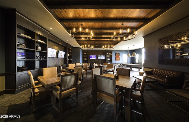 dining room featuring an inviting chandelier, carpet floors, beam ceiling, built in shelves, and wood ceiling