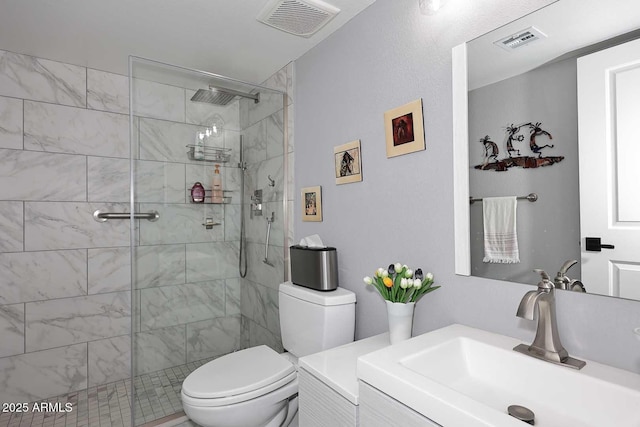 full bathroom with toilet, visible vents, and a walk in shower