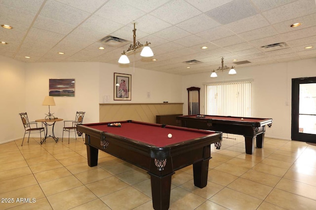 playroom with billiards, visible vents, a drop ceiling, and wainscoting