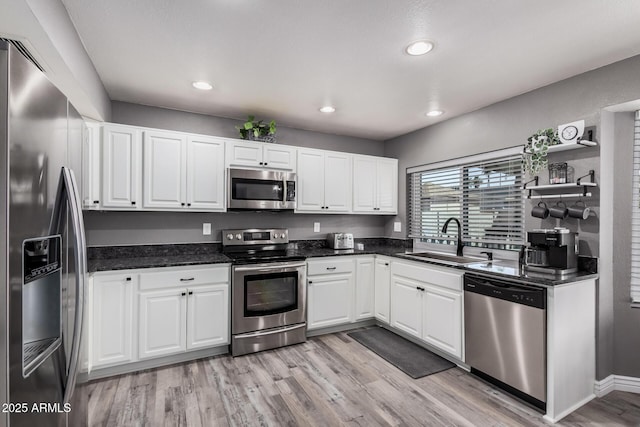 kitchen featuring a sink, white cabinetry, appliances with stainless steel finishes, and light wood finished floors