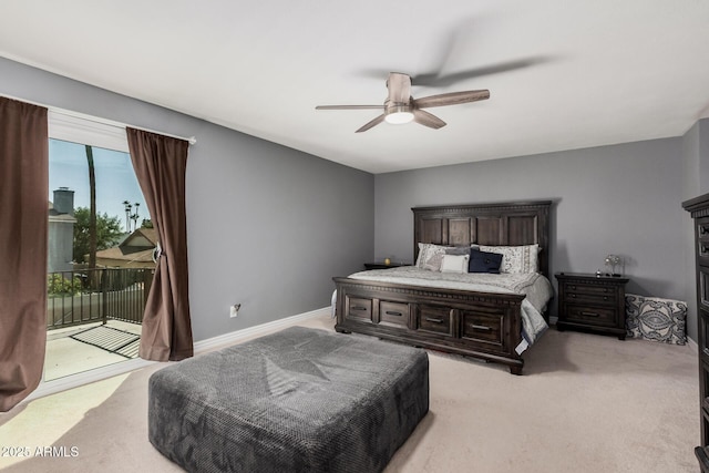 bedroom featuring a ceiling fan, access to outside, light colored carpet, and baseboards