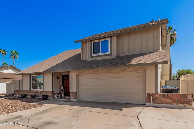 view of front of home featuring driveway, board and batten siding, an attached garage, a shingled roof, and brick siding