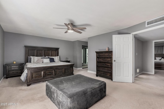 bedroom with visible vents, light carpet, baseboards, and a ceiling fan