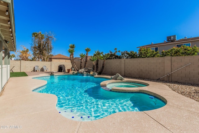 view of swimming pool with a patio area, central air condition unit, a pool with connected hot tub, and a fenced backyard