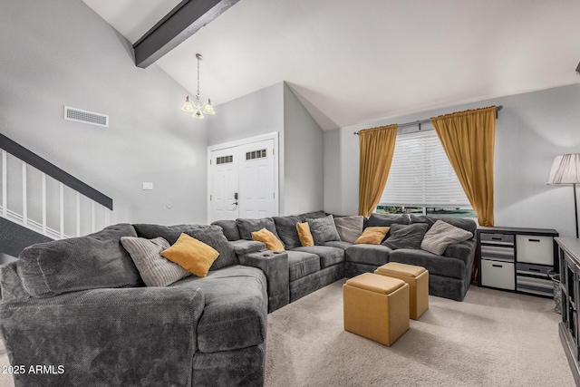 living area featuring visible vents, beam ceiling, high vaulted ceiling, an inviting chandelier, and light colored carpet