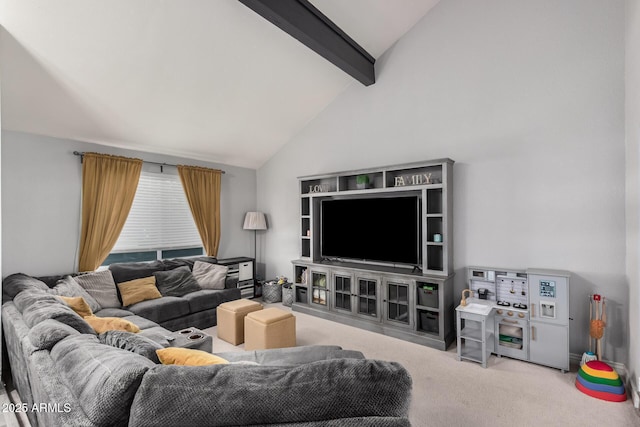 carpeted living room with beamed ceiling and high vaulted ceiling