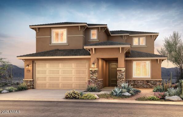 13758 W Whisper Rock Trl, Peoria, AZ 85383 - view of front of property with a garage, stone siding, and stucco siding
