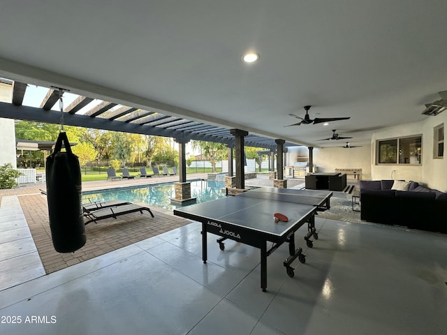 2311 E Colter St, Phoenix, AZ 85016 - view of patio / terrace with an outdoor living space, ceiling fan, a pergola, and a pool with connected hot tub