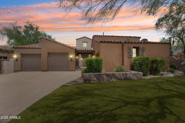 8512 E Gilded Perch Dr, Scottsdale, AZ 85255 - view of front facade with an attached garage, stucco siding, concrete driveway, and a tile roof