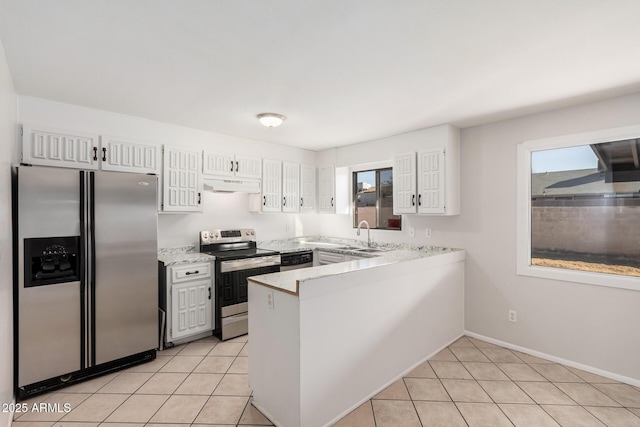 kitchen with stainless steel appliances, under cabinet range hood, a peninsula, white cabinets, and a sink