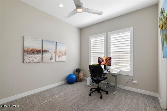 office space featuring ceiling fan and carpet flooring