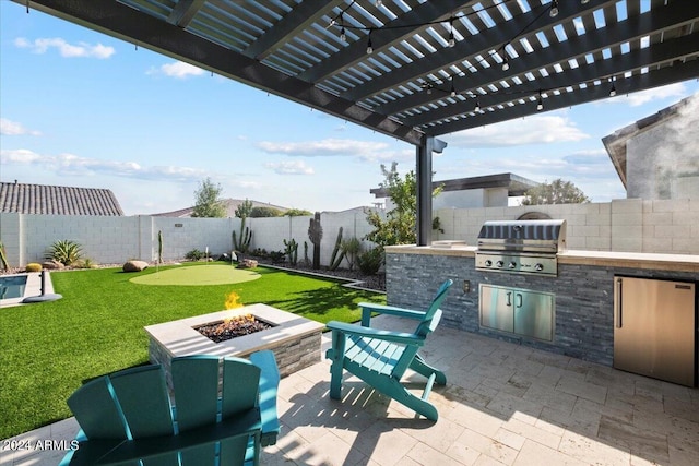 view of patio with an outdoor fire pit, area for grilling, and a pergola