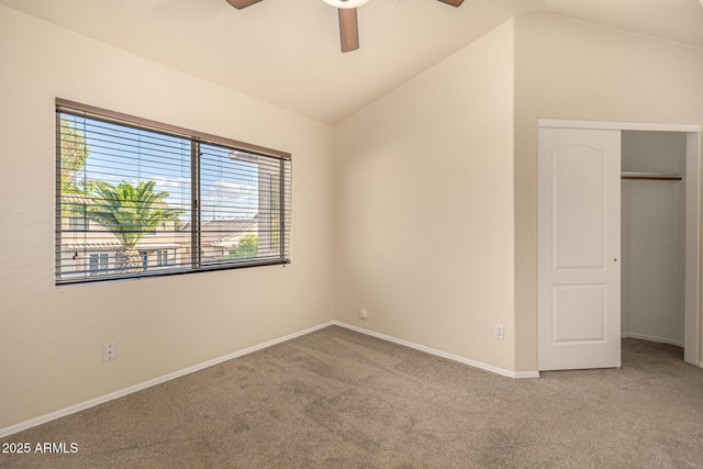 1655 W Stanford Ave, Gilbert, AZ 85233 - unfurnished bedroom featuring carpet flooring, vaulted ceiling, baseboards, ceiling fan, and a closet