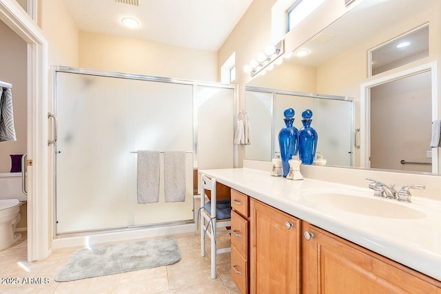 bathroom with tile patterned flooring, vanity, toilet, and an enclosed shower