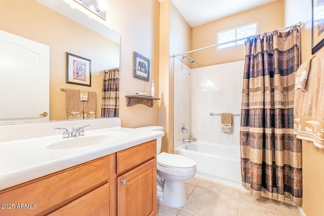 full bathroom featuring tile patterned flooring, shower / bath combination with curtain, toilet, and vanity