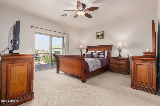 bedroom featuring access to exterior, light colored carpet, visible vents, and ceiling fan